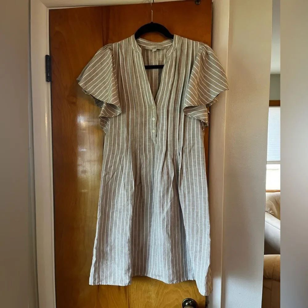 Loft Linen Blend Striped Button Front Dress XXSP
